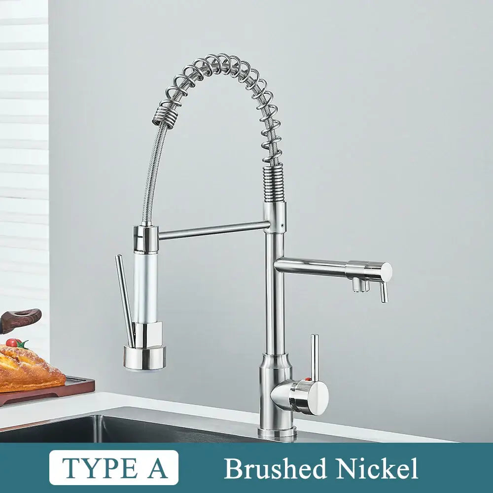 Matte black brass kitchen sink faucet with pull down dual spout