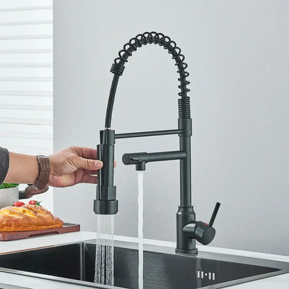 Matte black brass kitchen sink faucet with pull down dual spout