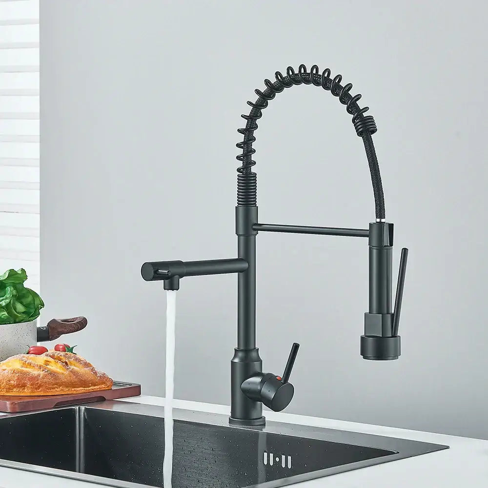 Matte black brass kitchen sink faucet with pull down sprayer
