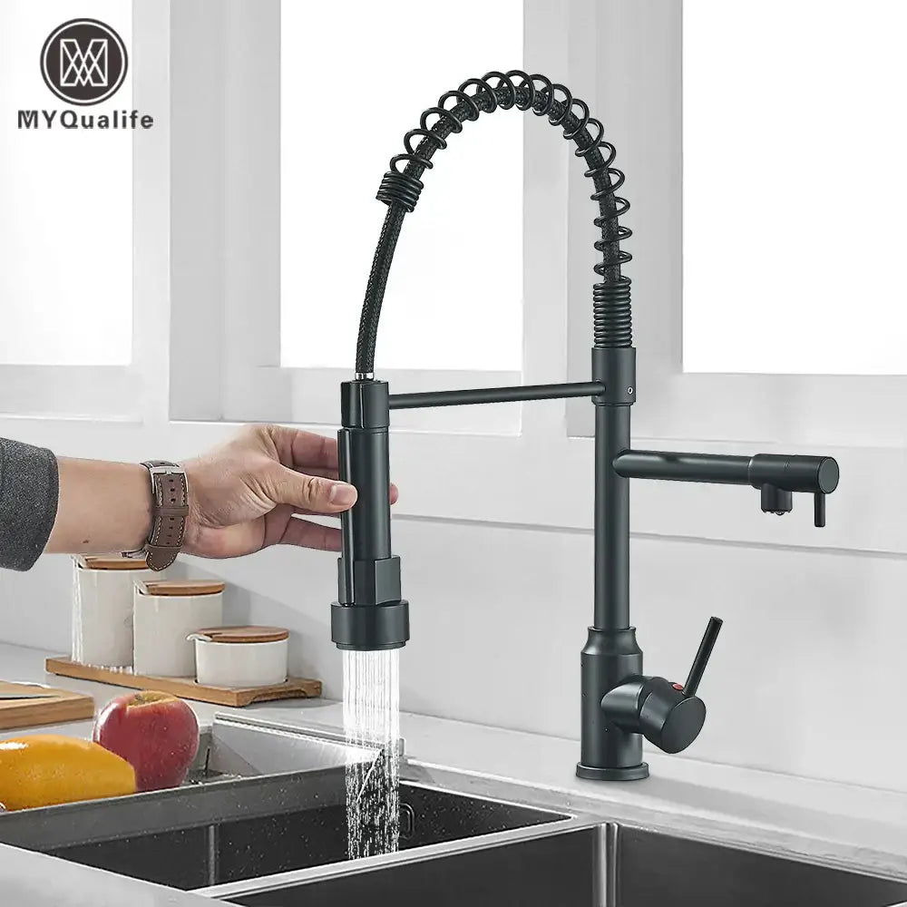 Matte black brass kitchen sink faucet with pull down sprayer
