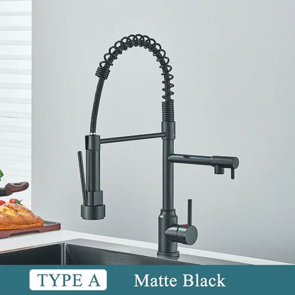 Matte black brass kitchen sink faucet with pull down sprayer