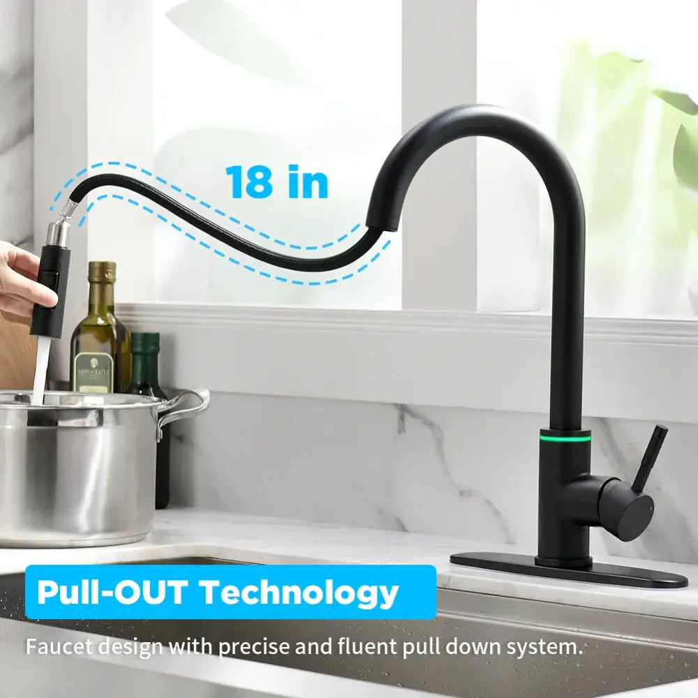 Matte black brass led kitchen faucet with color changing water tap