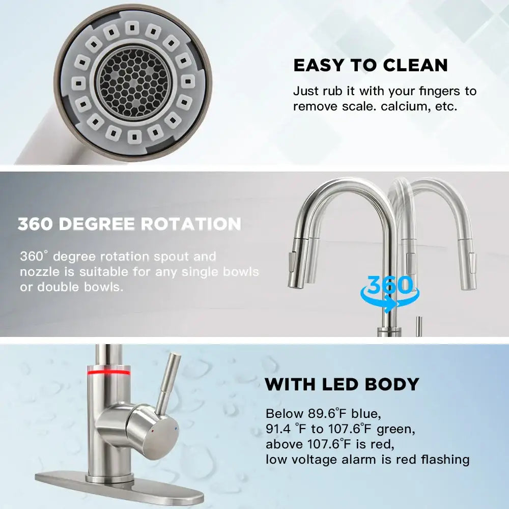 Matte black brass led kitchen faucet with color changing water tap