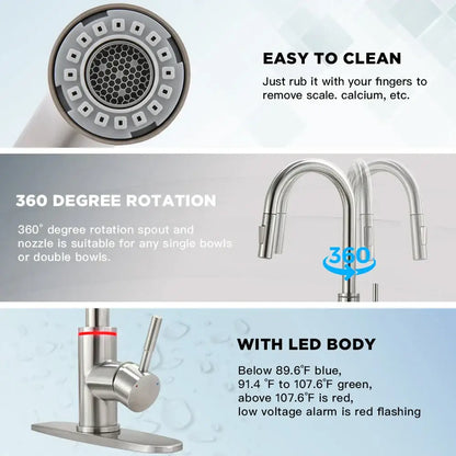 Matte black brass led kitchen faucet with color changing water tap