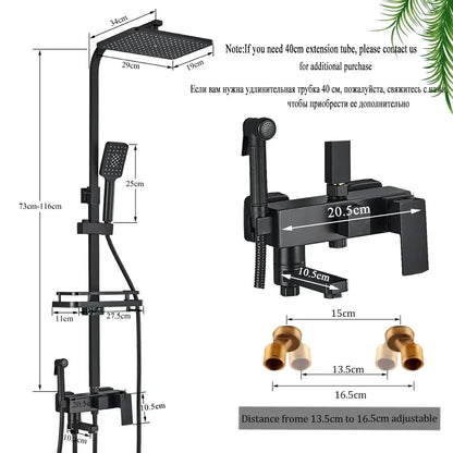 Matte black brass shower faucet set with shelf bathroom rainfall tap