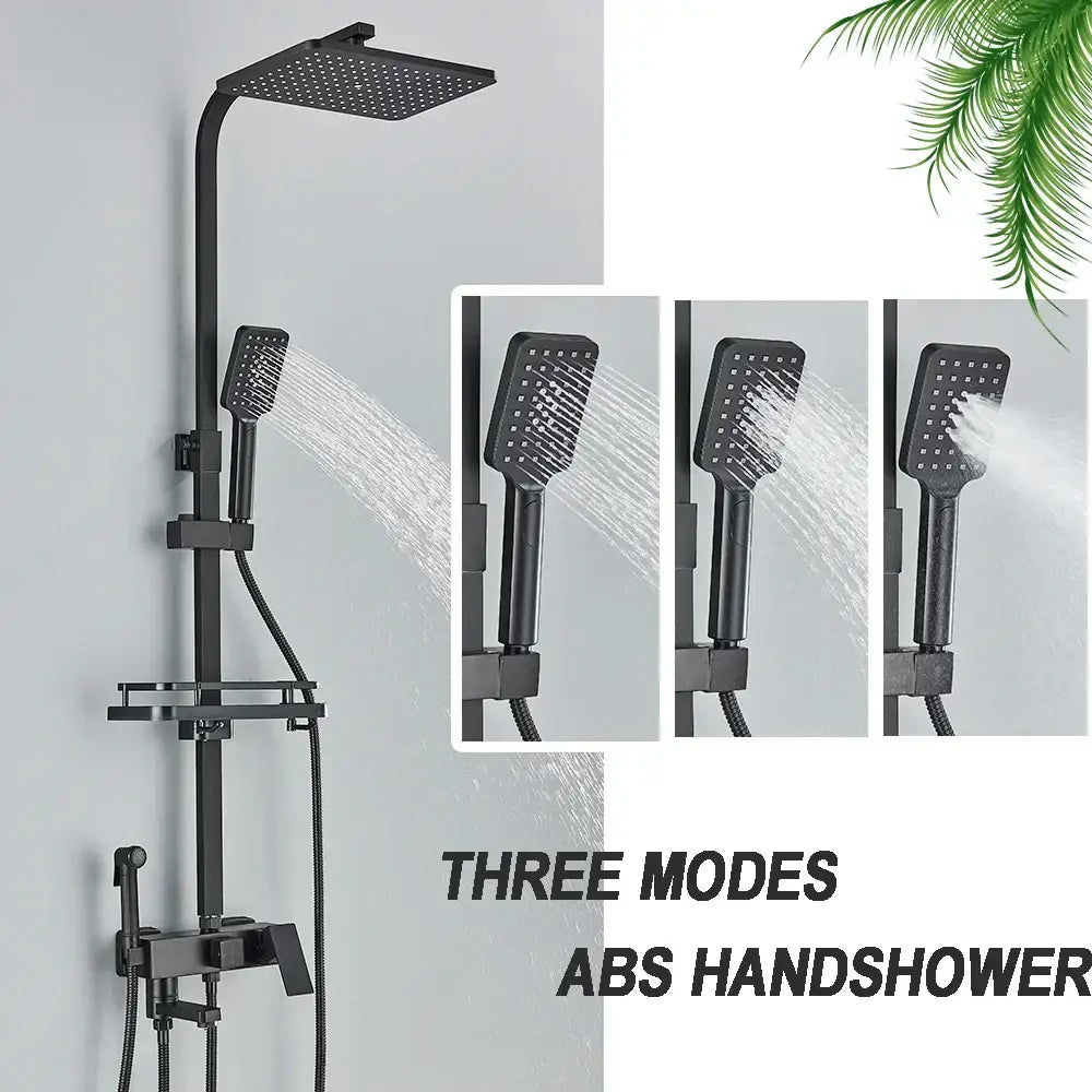 Matte black brass shower faucet set with shelf bathroom rainfall tap