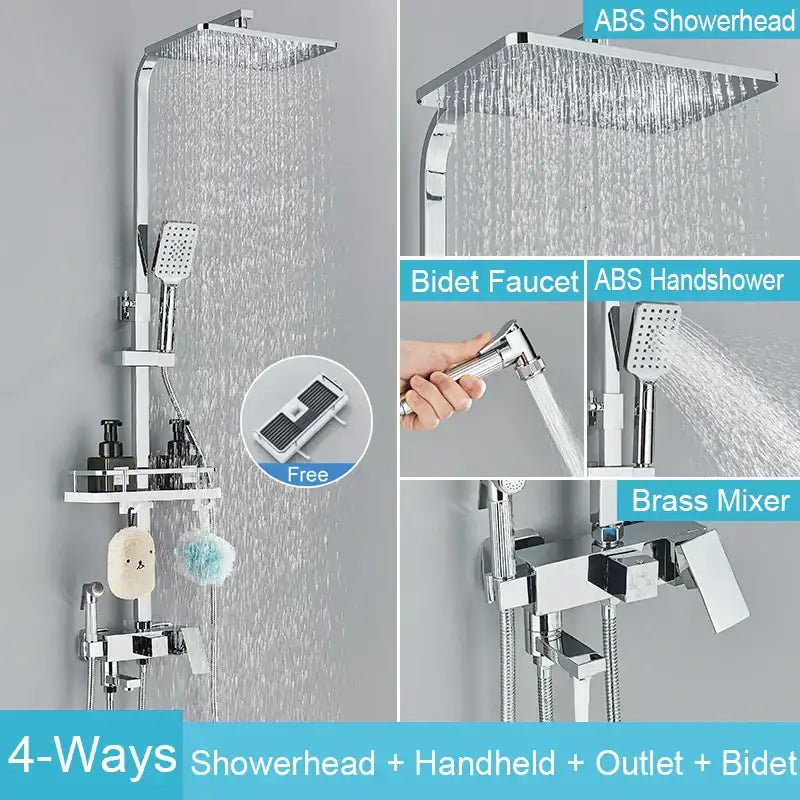 Matte black brass shower faucet set with shelf bathroom rainfall tap