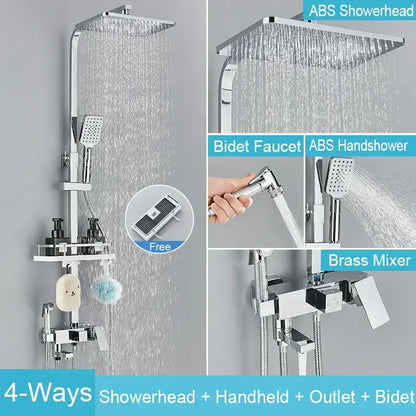 Matte black brass shower faucet set with shelf bathroom rainfall tap