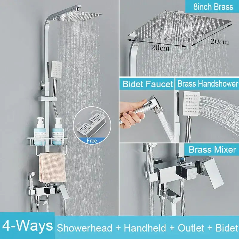 Matte black brass shower faucet set with shelf bathroom rainfall tap