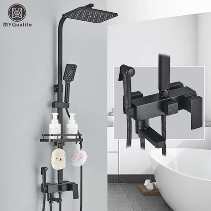 Matte black brass shower faucet set with shelf bathroom rainfall tap