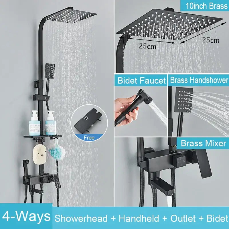 Matte black brass shower faucet set with shelf bathroom rainfall tap