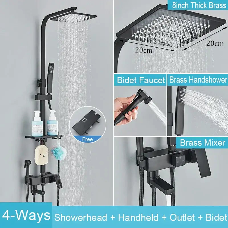 Matte black brass shower faucet set with shelf bathroom rainfall tap