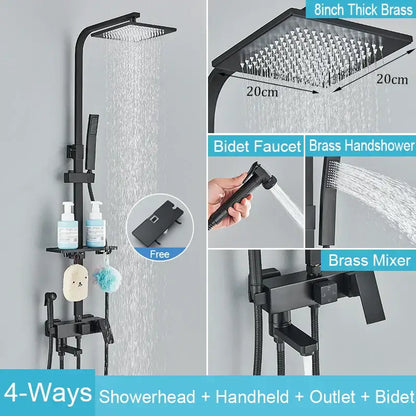 Matte black brass shower faucet set with shelf bathroom rainfall tap