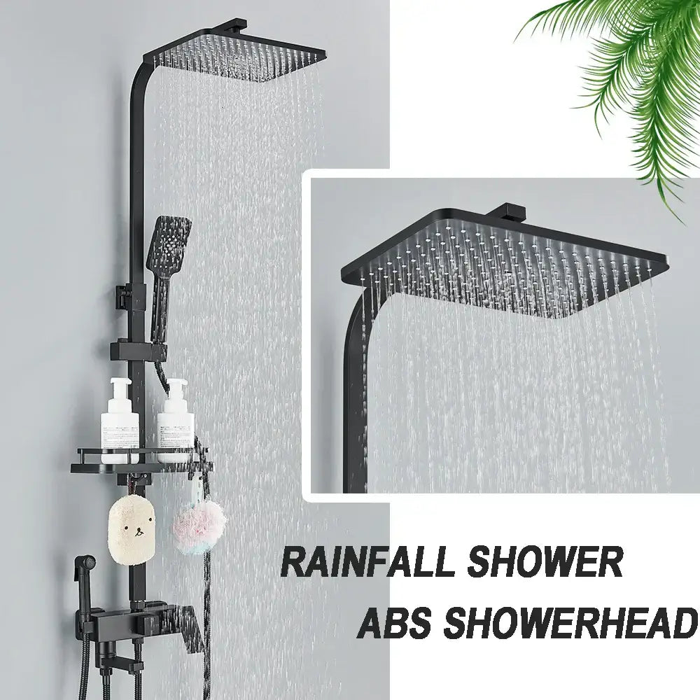 Matte black brass shower faucet set with shelf bathroom rainfall tap