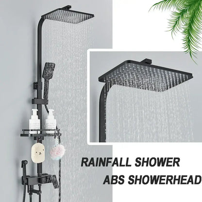 Matte black brass shower faucet set with shelf bathroom rainfall tap