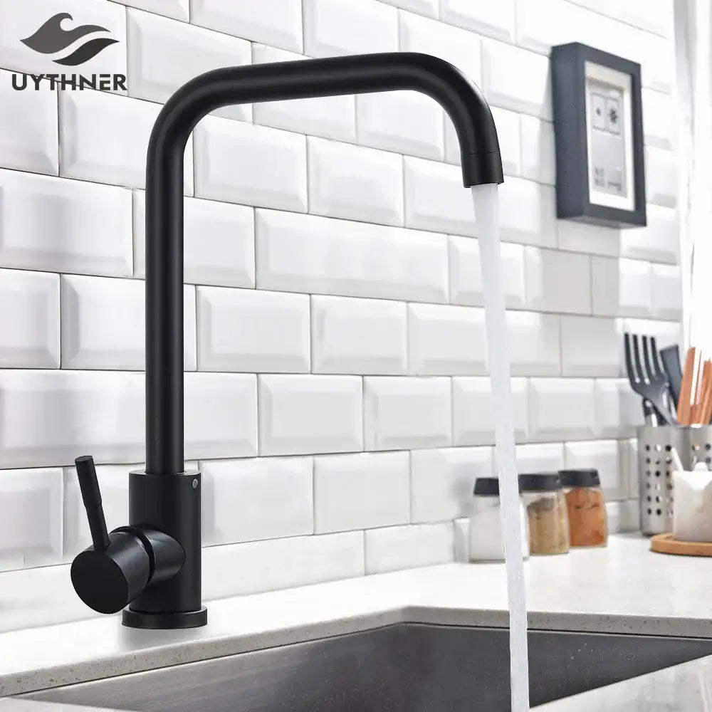 Matte black & brushed nickel kitchen faucet with curved spout