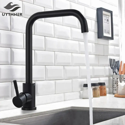 Matte black & brushed nickel kitchen faucet with curved spout