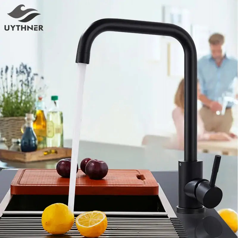 Matte black & brushed nickel kitchen faucet with curved spout