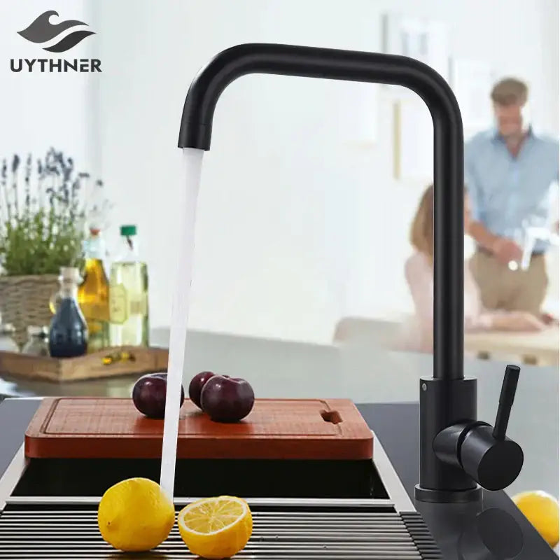Matte black & brushed nickel kitchen faucet with curved spout
