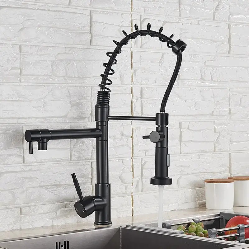 Matte black brass kitchen faucet with swivel spout
