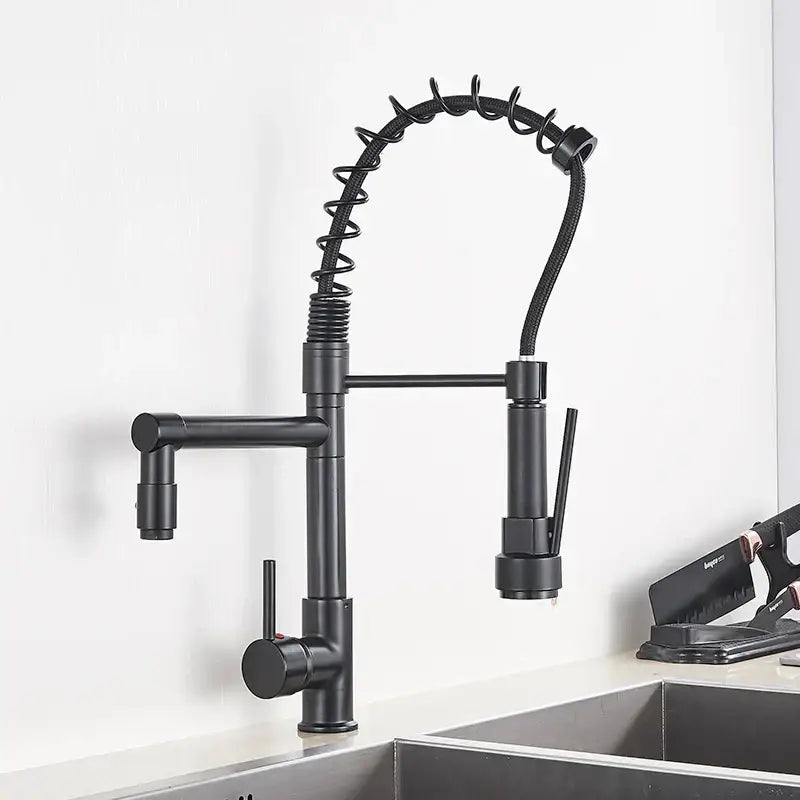 Matte black brass kitchen faucet with swivel spout