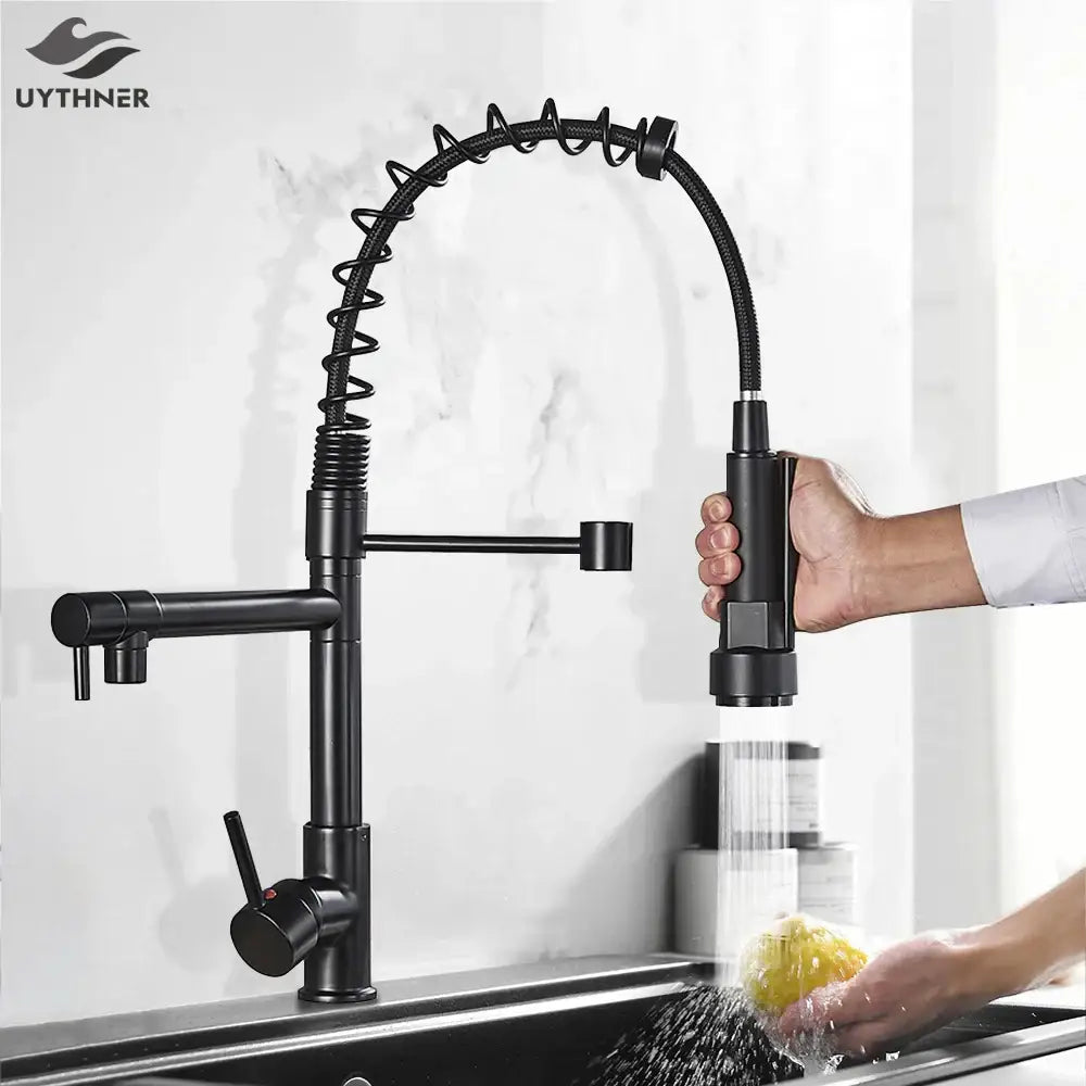 Matte black brass kitchen faucet with swivel spout