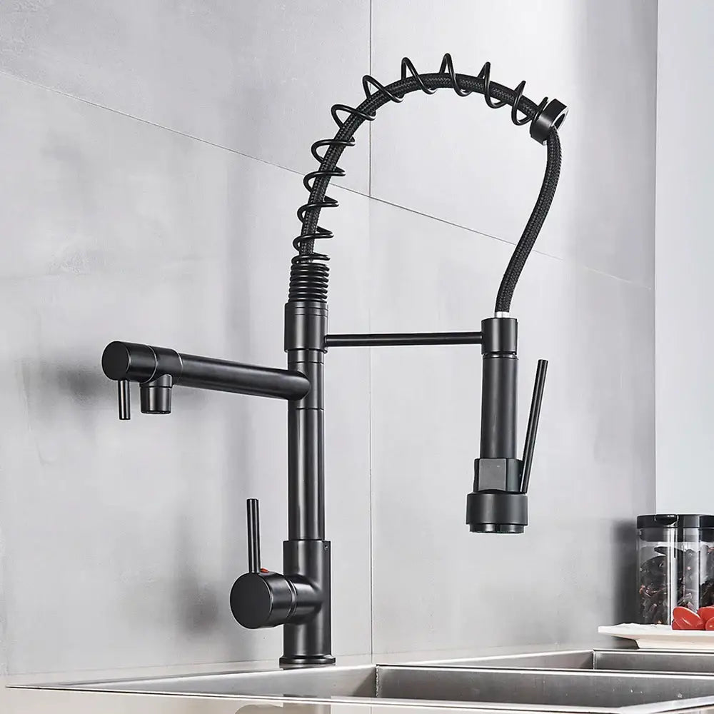 Matte black brass kitchen faucet with swivel spout