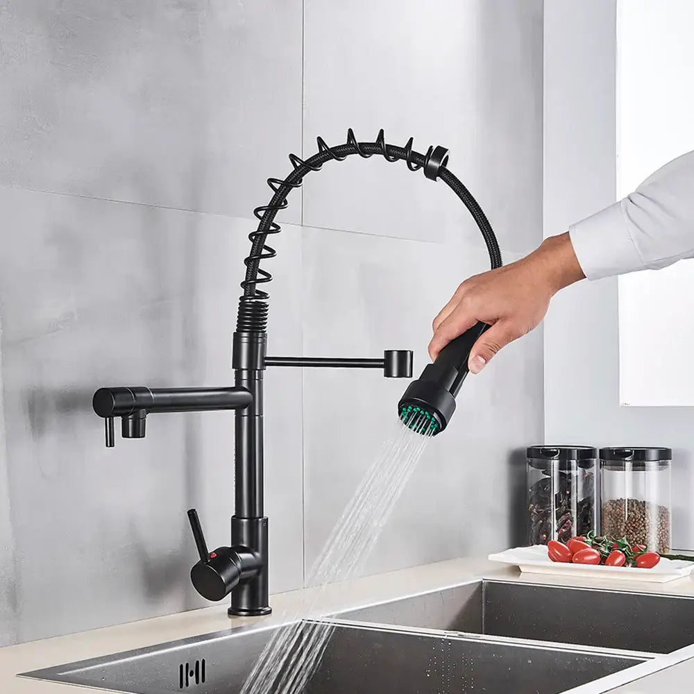 Matte black brass kitchen faucet with swivel spout