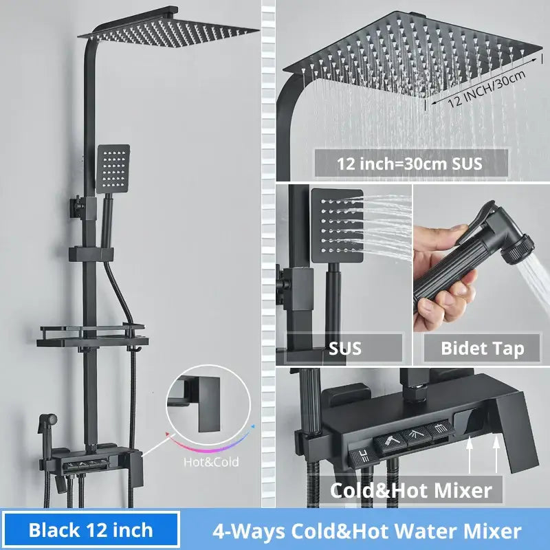 Matte black digital display shower faucet set bathroom