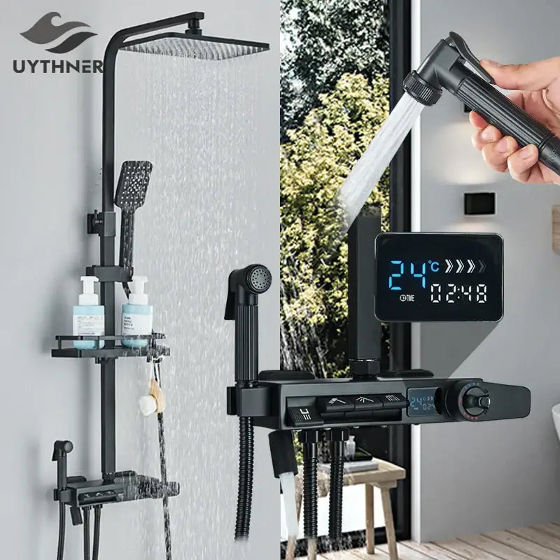 Matte black digital display shower faucet set bathroom