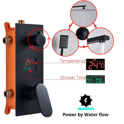 Matte black digital display shower faucet set bathroom rainfall head