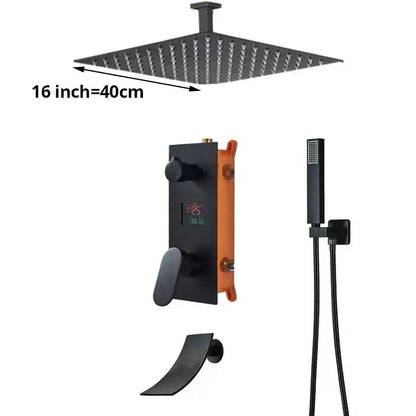 Matte black digital display shower faucet set bathroom rainfall head
