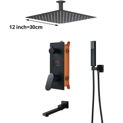 Matte black digital display shower faucet set bathroom rainfall head
