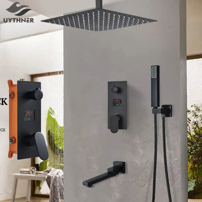 Matte black digital display shower faucet set bathroom rainfall head