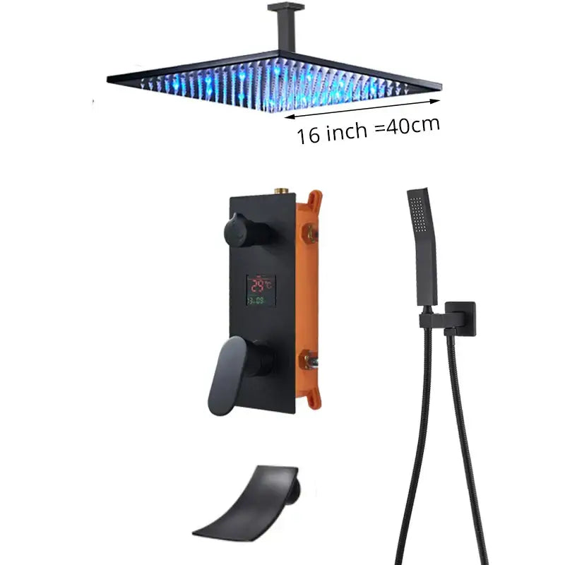 Matte black digital display shower faucet set bathroom rainfall head