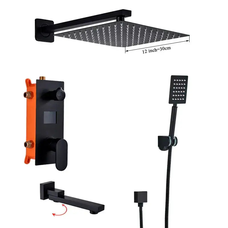 Matte black digital display shower faucet set bathroom rainfall head