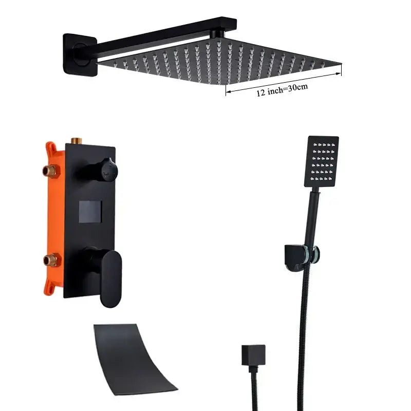 Matte black digital display shower faucet set bathroom rainfall head