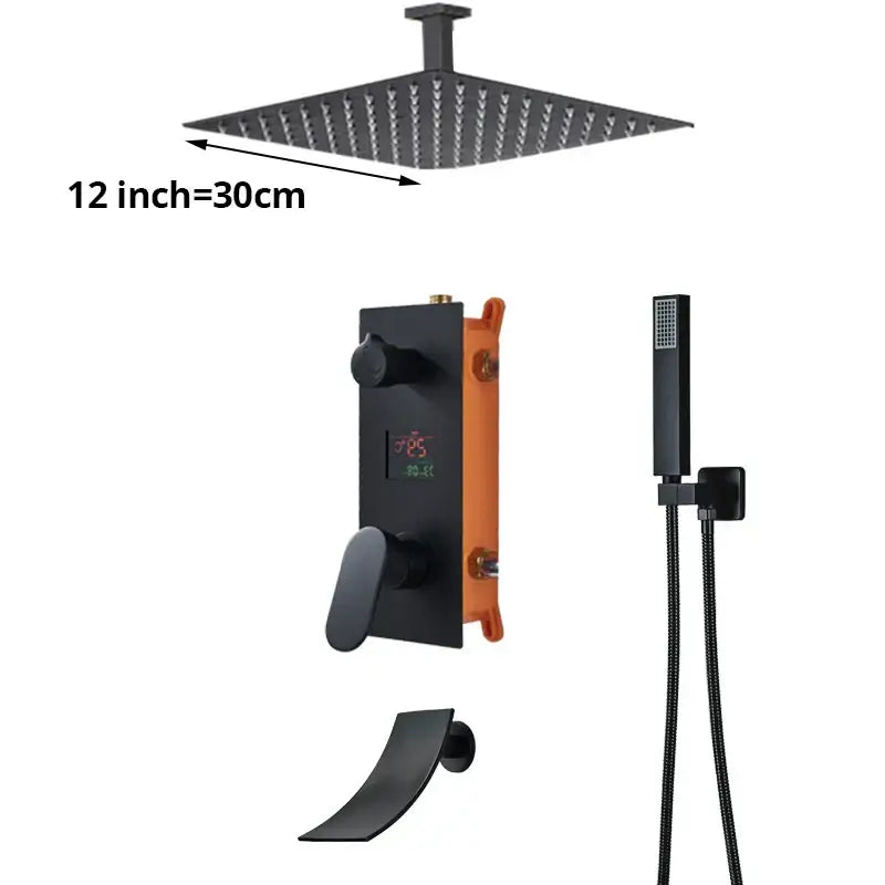 Matte black digital display shower faucet set bathroom rainfall head