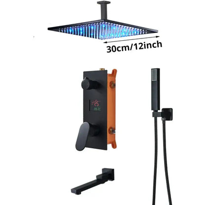 Matte black digital display shower faucet set bathroom rainfall head