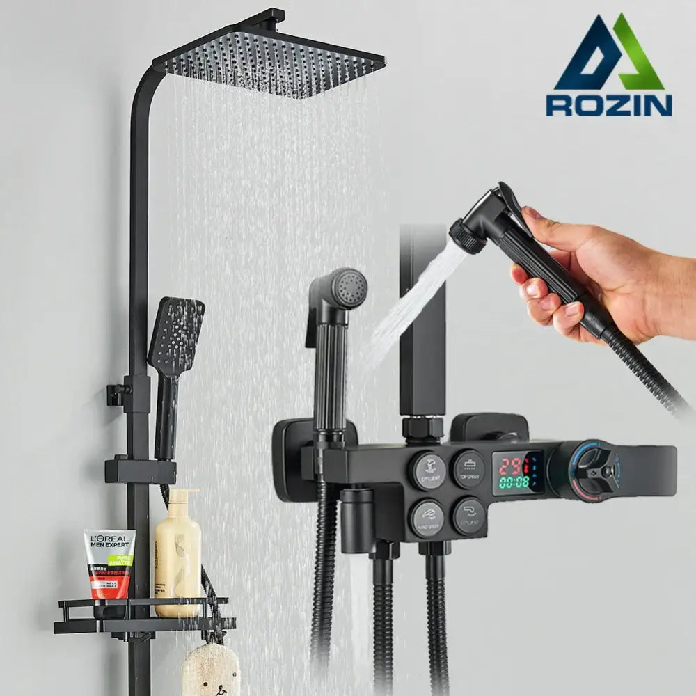 Matte black digital rainfall shower faucet set for bathroom