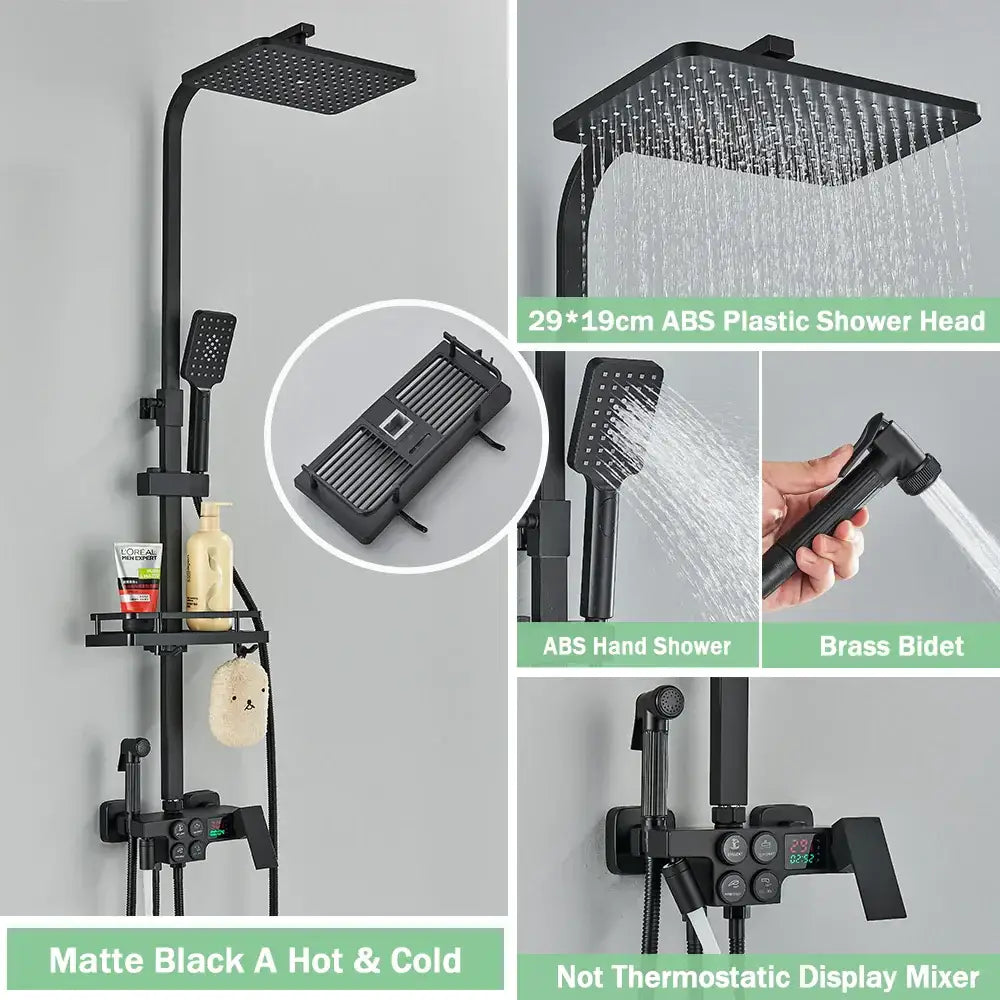 Matte black digital rainfall shower faucet set for bathroom