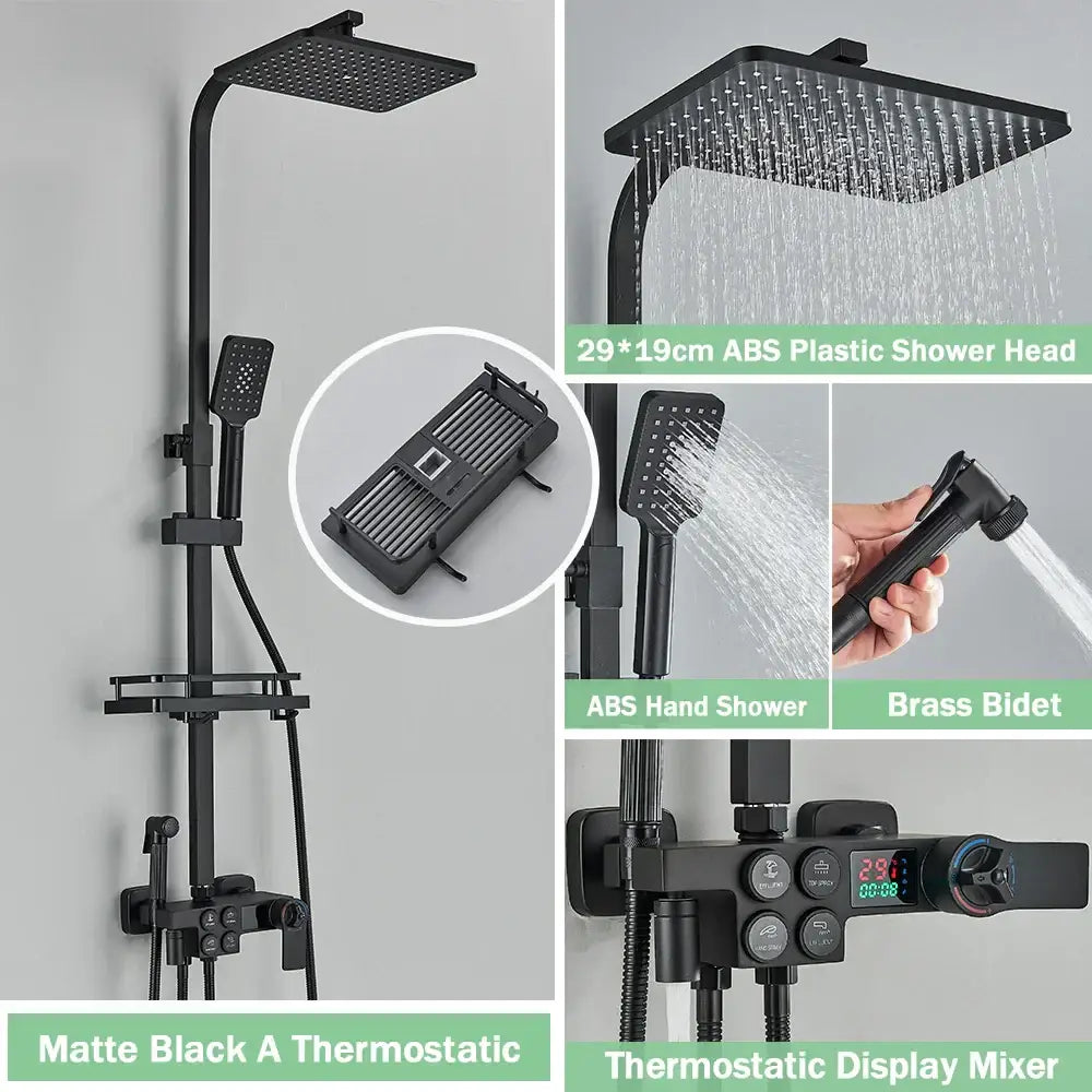Matte black digital rainfall shower faucet set for bathroom