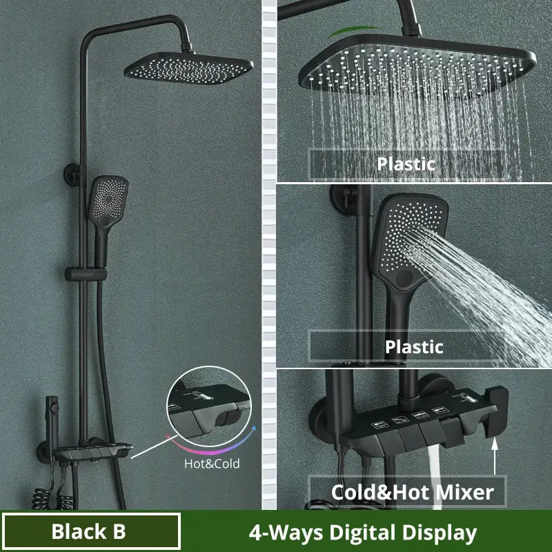 Matte black digital rainfall shower system bathroom faucet kit