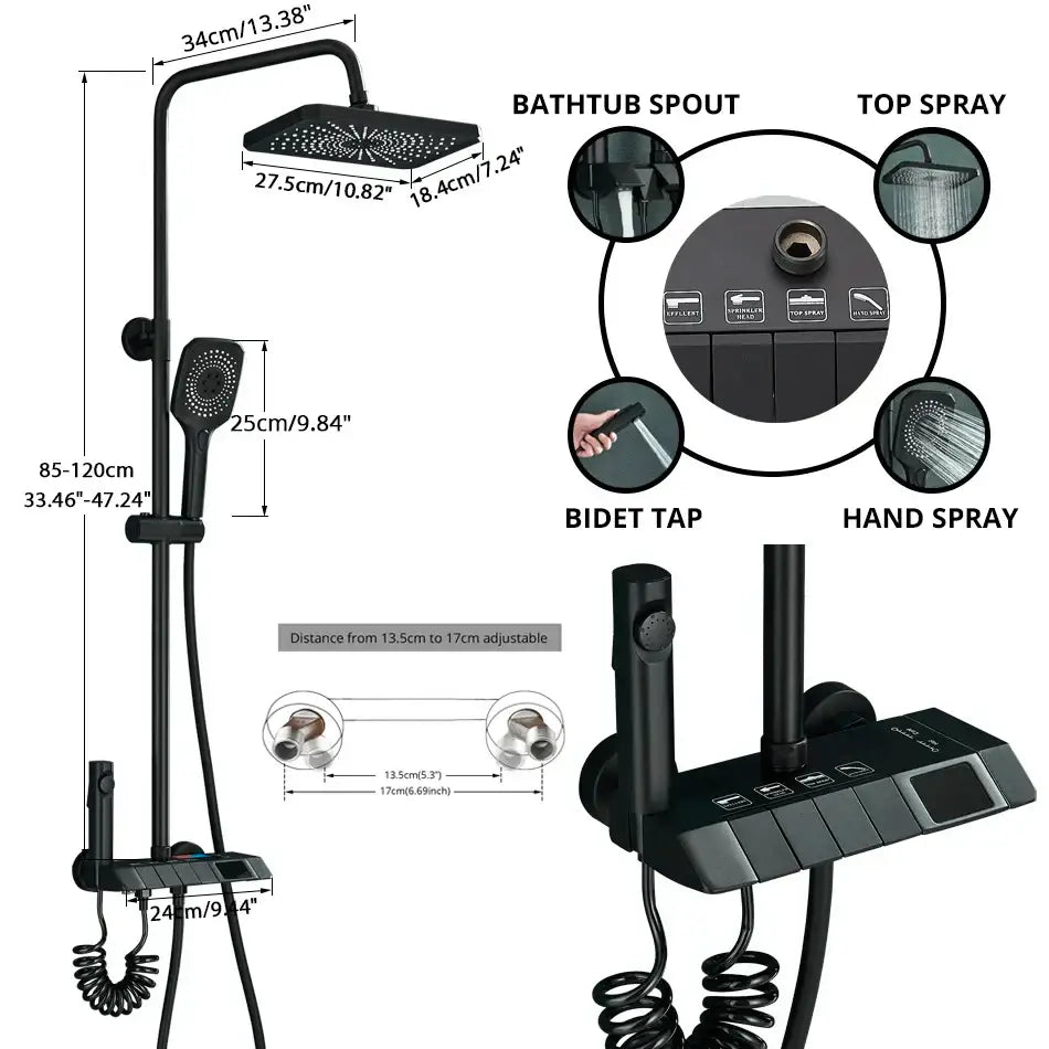 Matte black digital rainfall shower system bathroom faucet kit