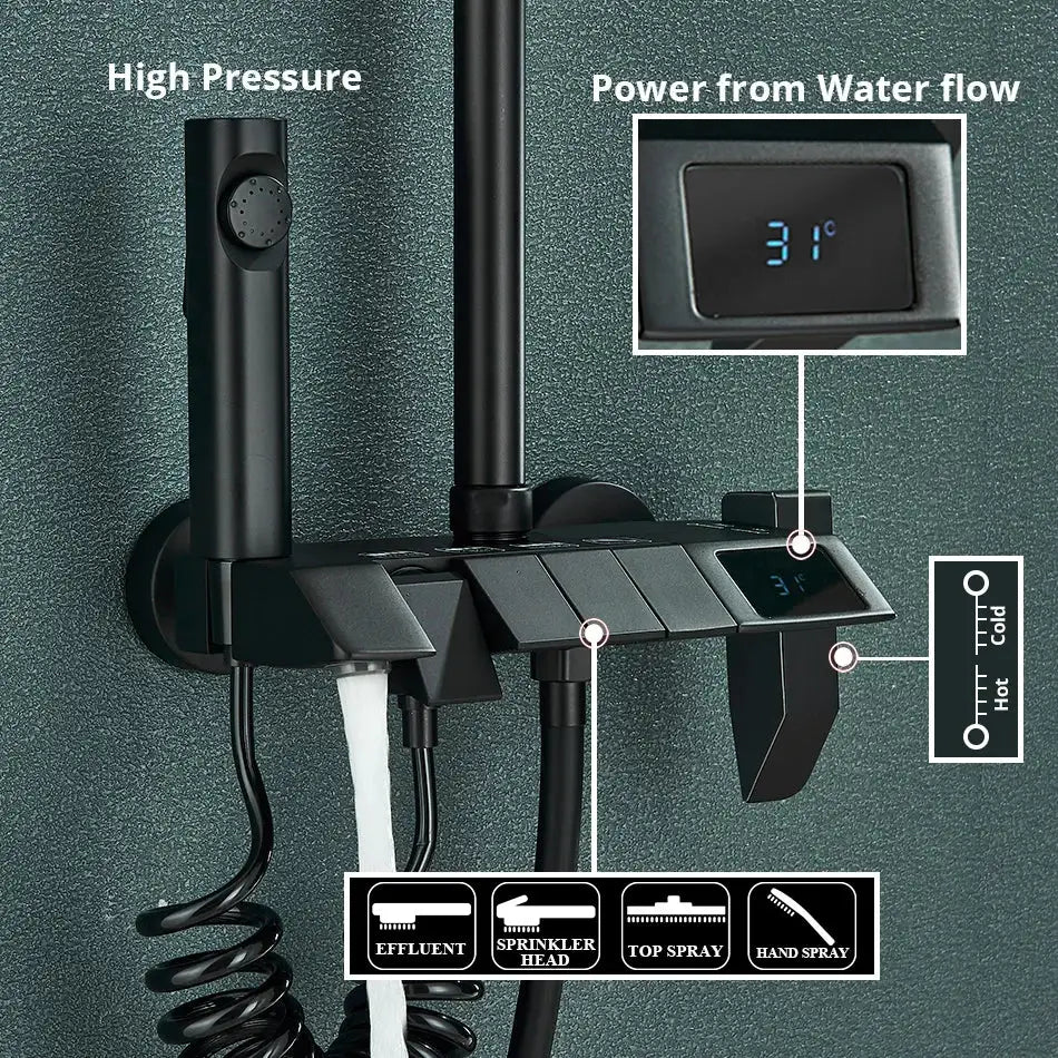 Matte black digital rainfall shower system bathroom faucet kit