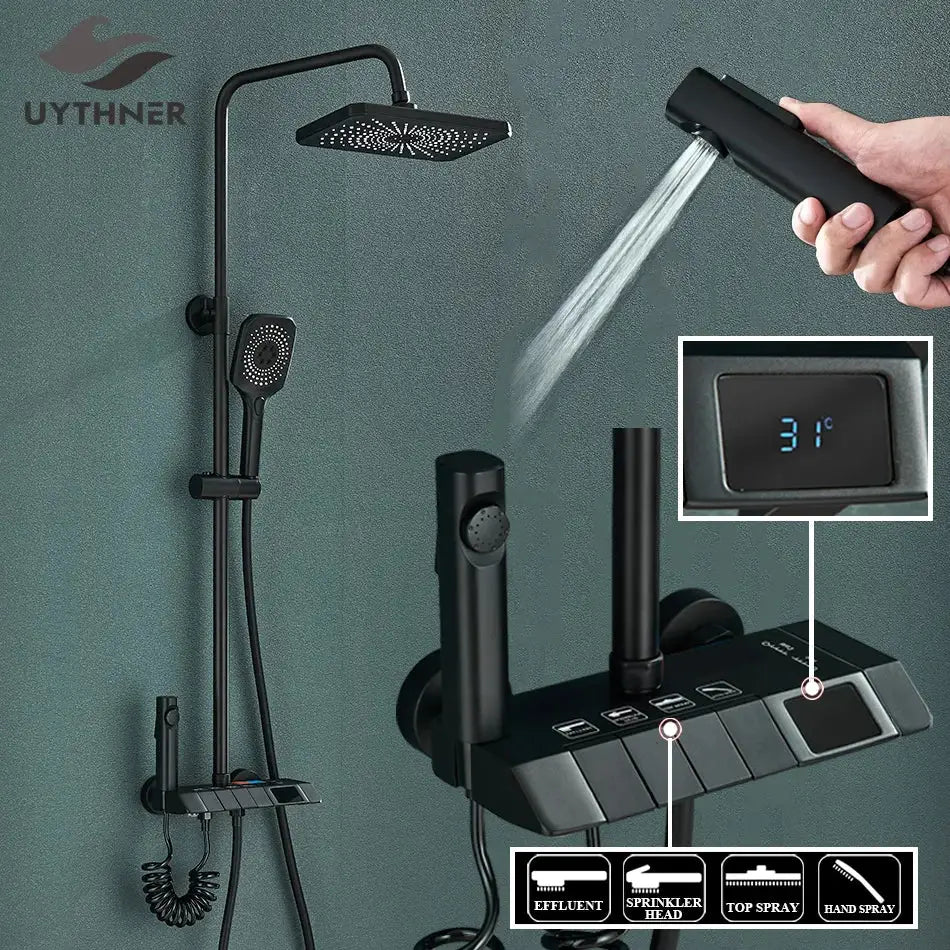 Matte black digital rainfall shower system bathroom faucet kit