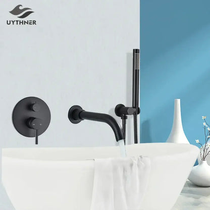 Matte black dual handle bathtub faucet set with handheld shower bathroom