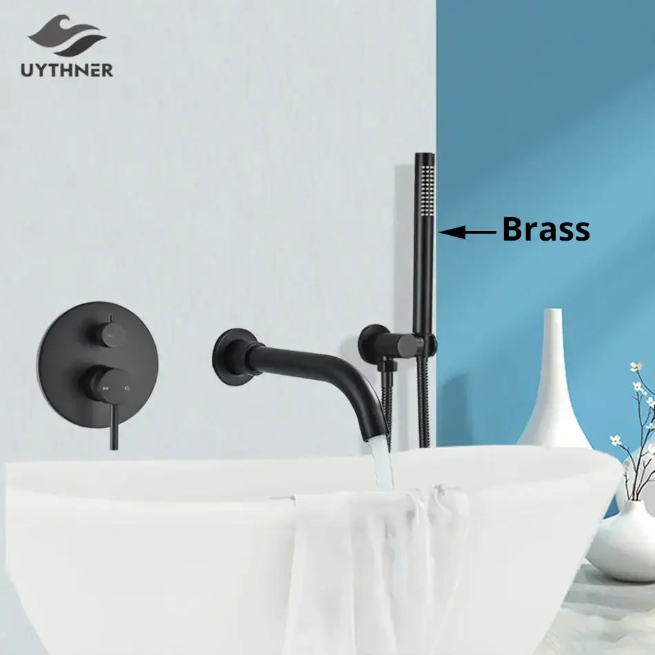 Matte black dual handle bathtub faucet set with handheld shower bathroom