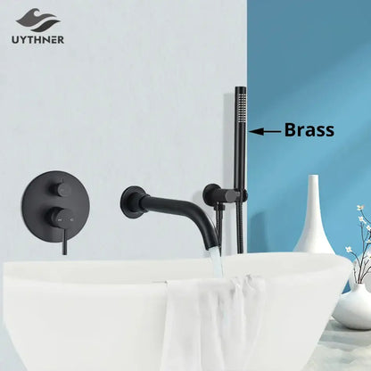 Matte black dual handle bathtub faucet set with handheld shower bathroom