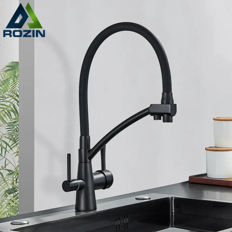 Matte black dual handle kitchen faucet with filtered water spout
